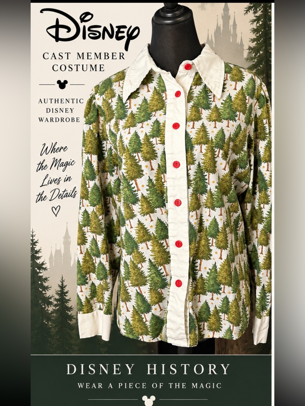 Disney White Pajama Top with Green Tree Print and Red Buttons